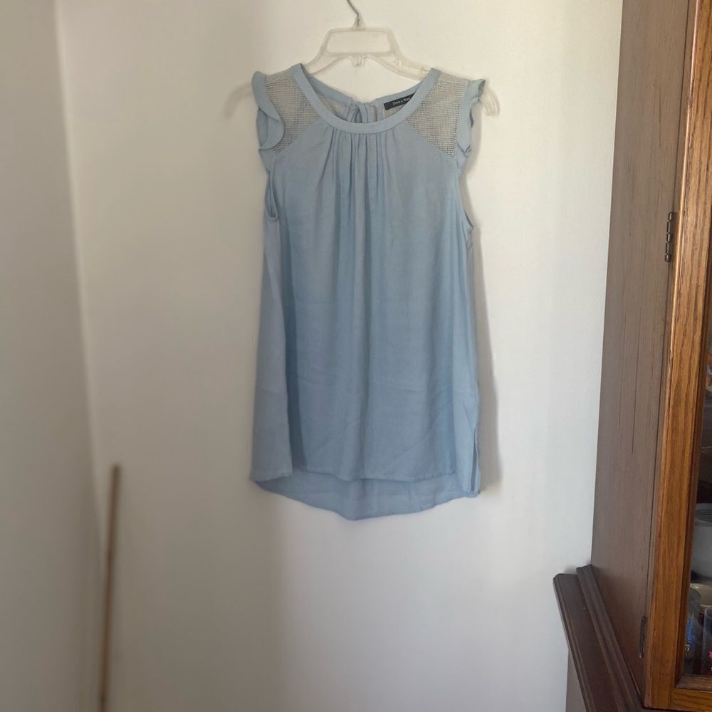 Doe & Rae Light Blue Mesh Yoke Ruffle Sleeve Top - Picture 9 of 13
